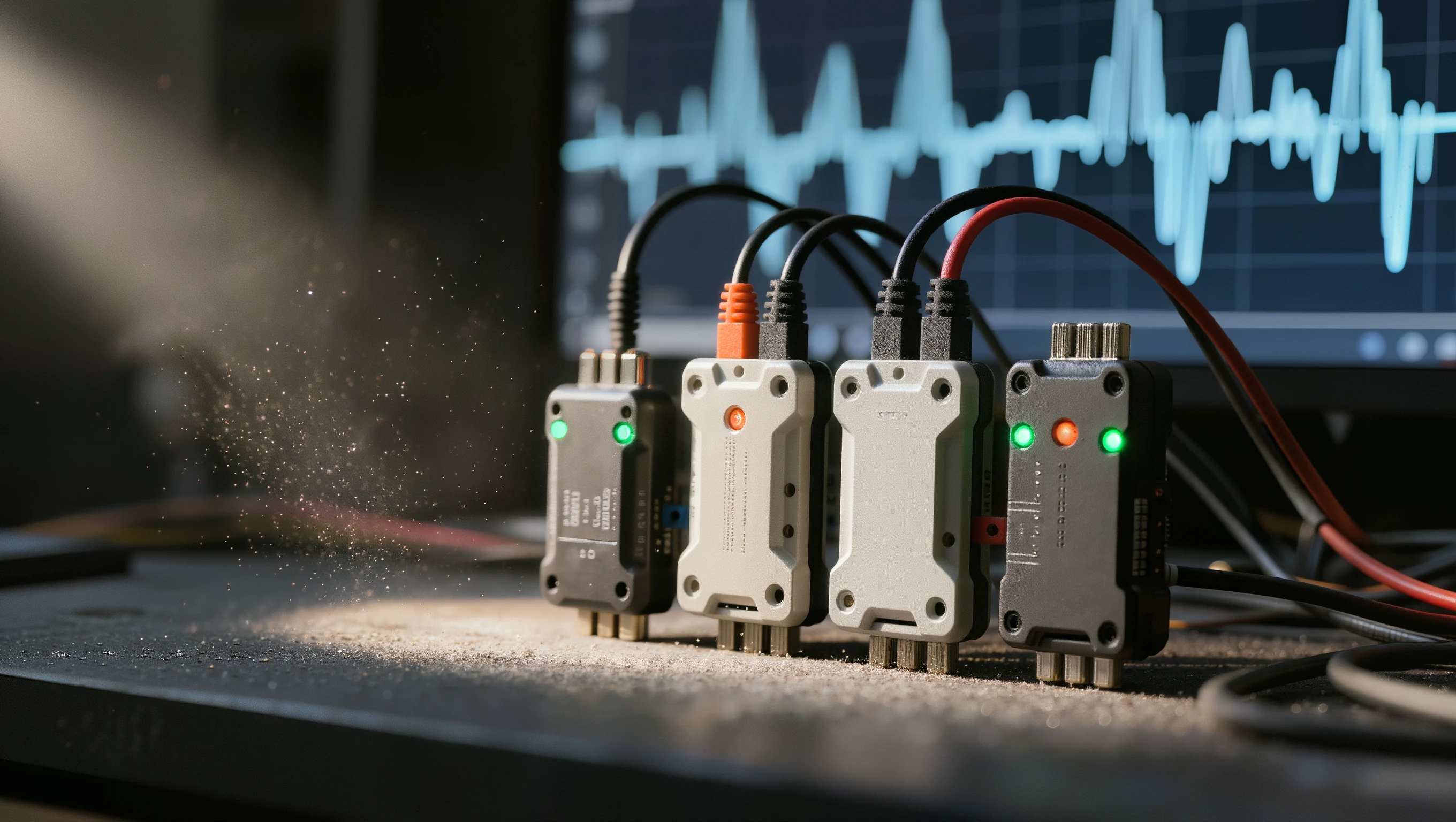 An engineering bench with DAQ hardware wired into a live test article.